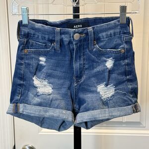 Aero High Rise Curvy Midi 3" 5 Pocket Distressed Cuffed Denim Shorts Size 0